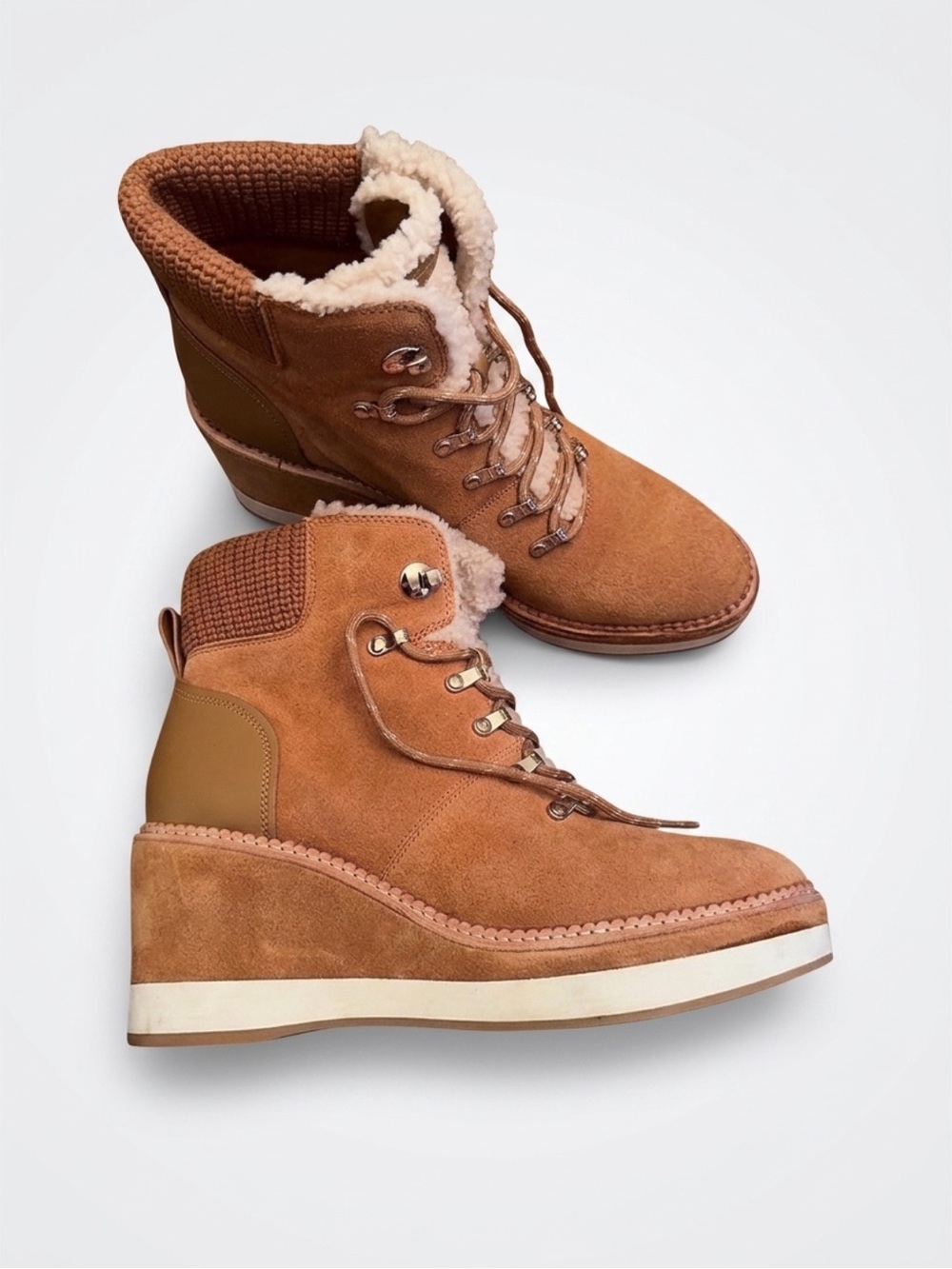 kate spade Tan Suede Wedge Ankle Boots with Cream Shearling Trim